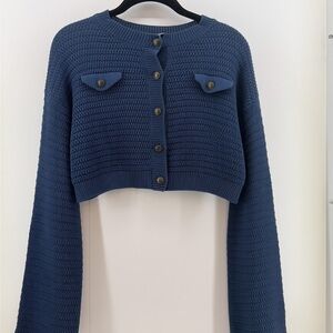 Zara Navy Button-Up Cropped Cardigan